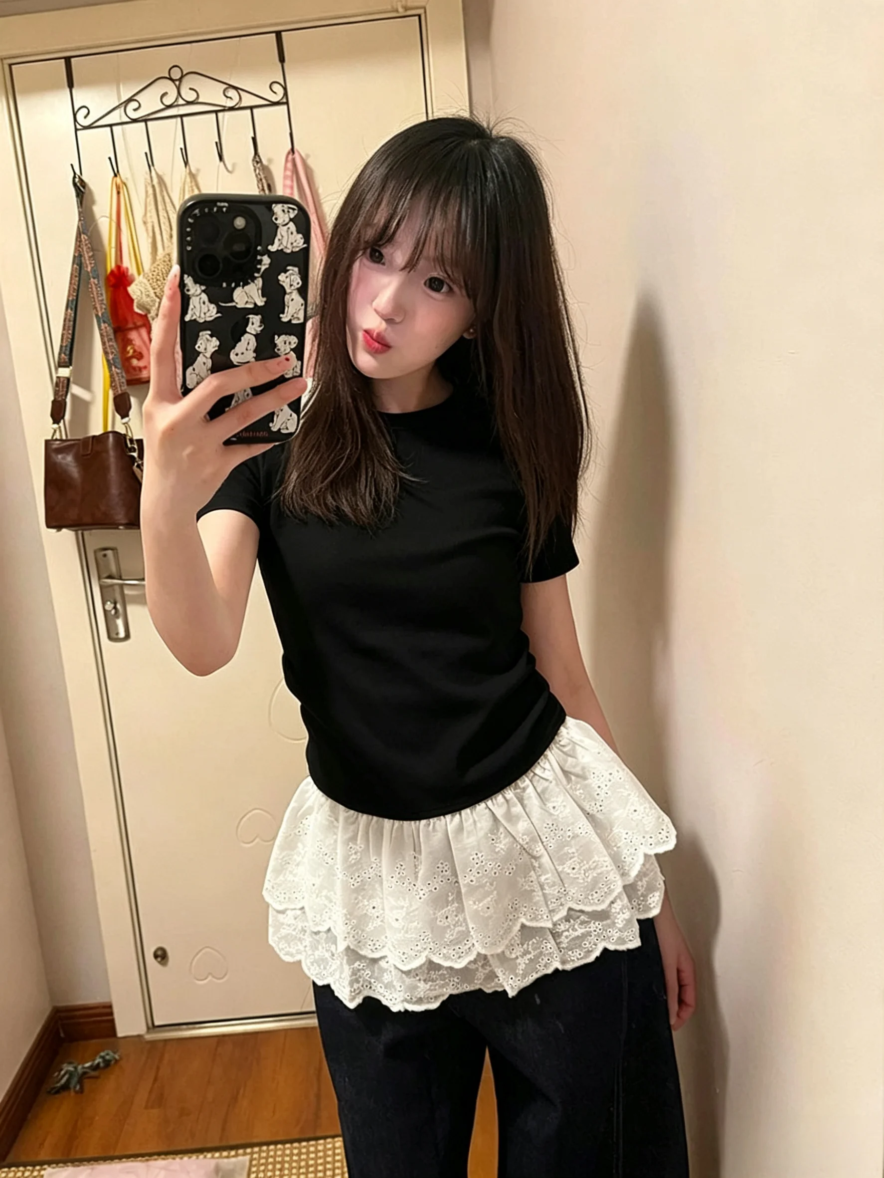 Summer New Women's Short Sleeve T-Shirt 95 Cotton round Neck Lace Hem Large Size Body Shaping Top Comfortable Breathable