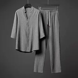 Ensemble Deux Pièces Vintage pour Homme, Chemise et Pantalon Décontractés, Tenue Solide, Document, Survêtement, Vêtements de Loisirs, Été