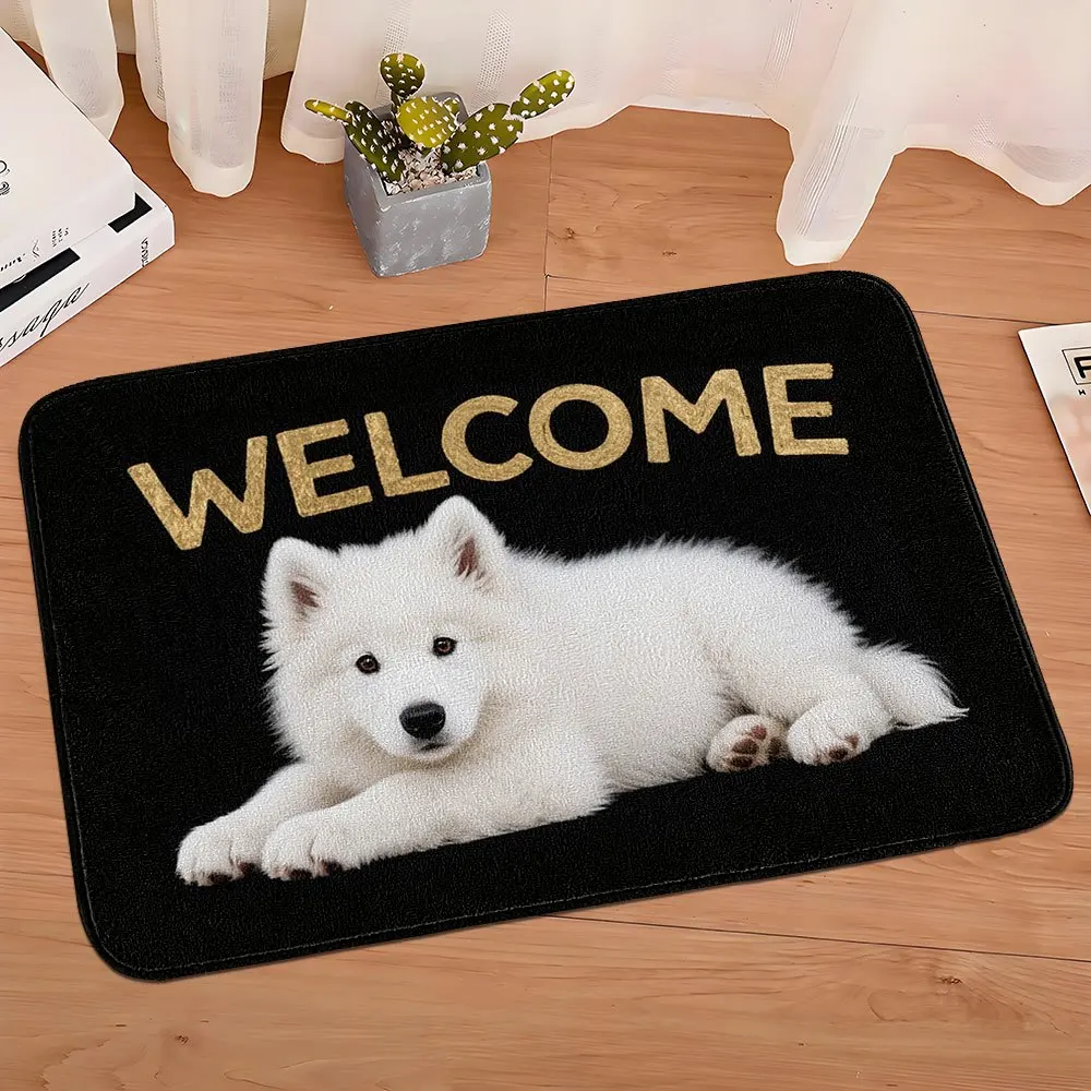 1pc Flannel Doormat, Outdoor Indoor Welcome Mat for Front Door, Samoyed Dog Souvenir and Holiday Gift, with Cute Puppy and WELCO