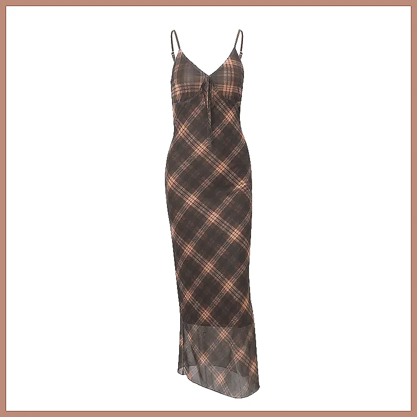 Abito Vintage a Quadri per Donna, Elegante Vestito Lungo Senza Maniche con Scollo a V e Spacco Laterale per Feste Serali (Caratteri: 78)