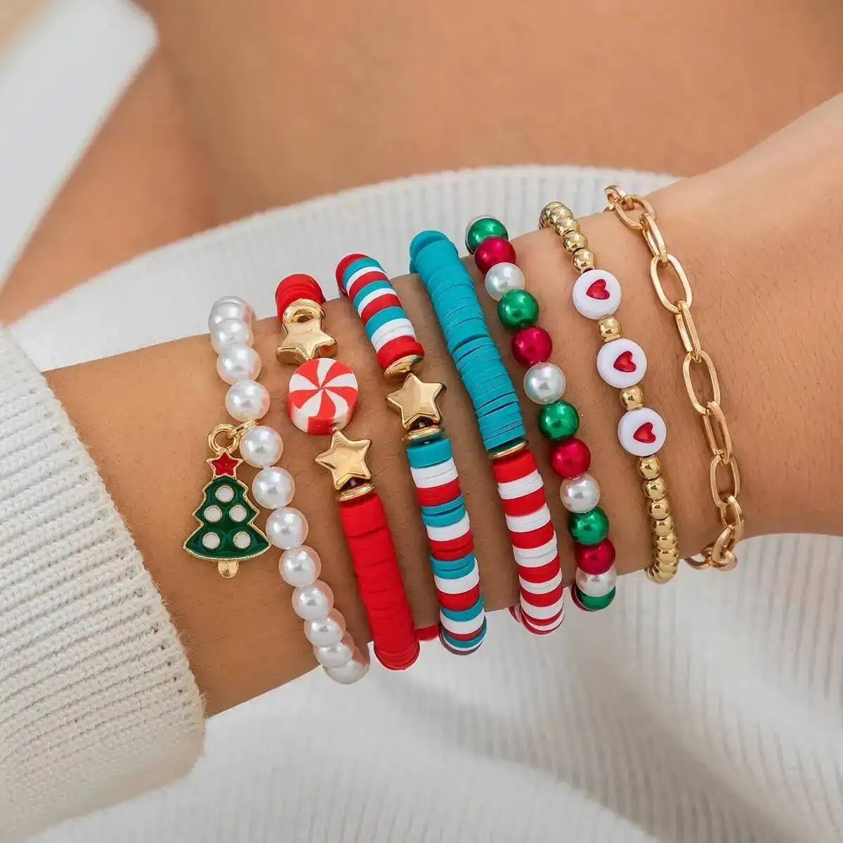 IngeSight.Z 7 Teile/satz Nette Weihnachten Schneeflocke Baum Anhänger Armbänder Frauen Imitation Perle Faden Seil Armband Schmuck Geschenke