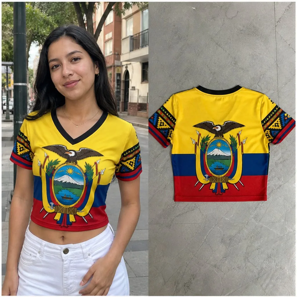 Womens Ecuador V Neck Short Sleeve Crop Top Eagle Crest Tribal Sleeves Casual Summer Shirt for Street Travel Holiday Daily Looks