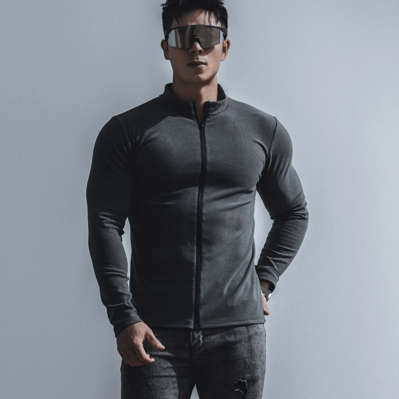 

1pc Men 2026 Stand Collar Full Zip Double Sided Cationic Thermal Fleece Cardigan Sports Base Layer Jacket For Workout