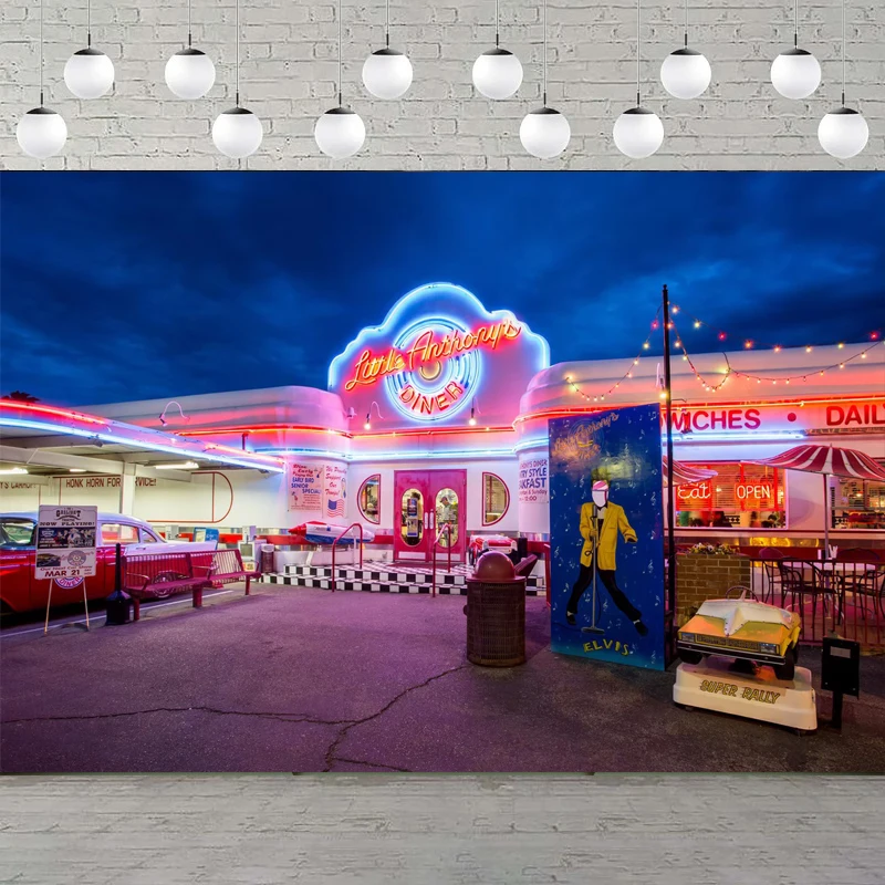 

66, ретро фон для фотосъемки в ресторане, 50-е годы, магазин уличных пиццы, неоновый ностальгический фон для автомобиля, декор для вечеринки, портретный баннер для съемки