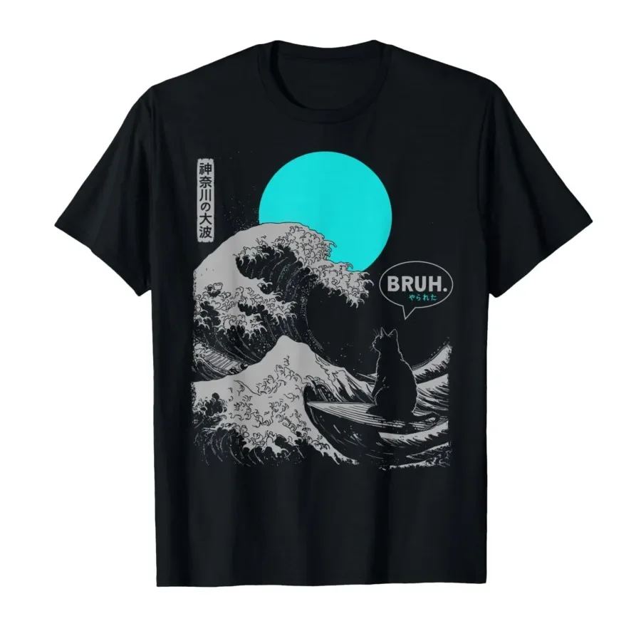 

Bruh. The Great Wave Kanagawa Funny Japanese Surfing Cat T-shirt For Men Women 100% Cotton T Shirts Short Sleeve Tops 0420-2