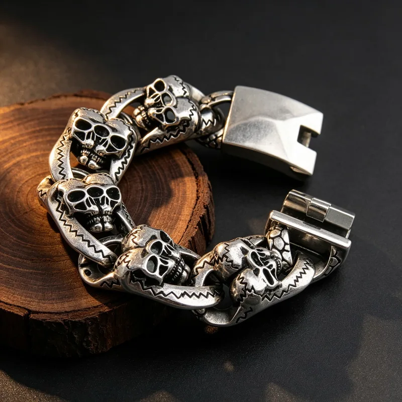 26mm Pirate Skull Bone Bracelet Men Stainless Steel Punk Bracelet Rock Party Jewelry