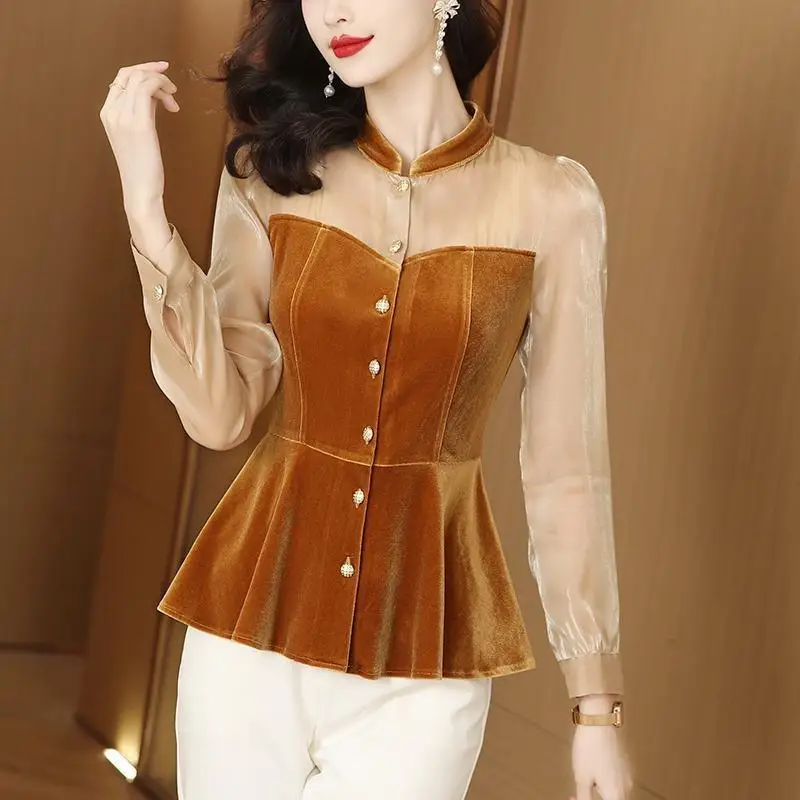 Spring Autumn New Fashion Golden Velvet Long Sleeve Patchwork Lace Cardigan Women\'s Clothing Corset Sweet Button Korean Shirts