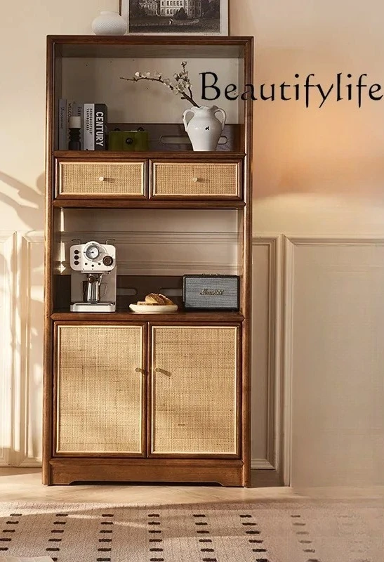 

New Chinese solid wood display household living room integrated dining side cabinet medieval rattan wine cabinet storage