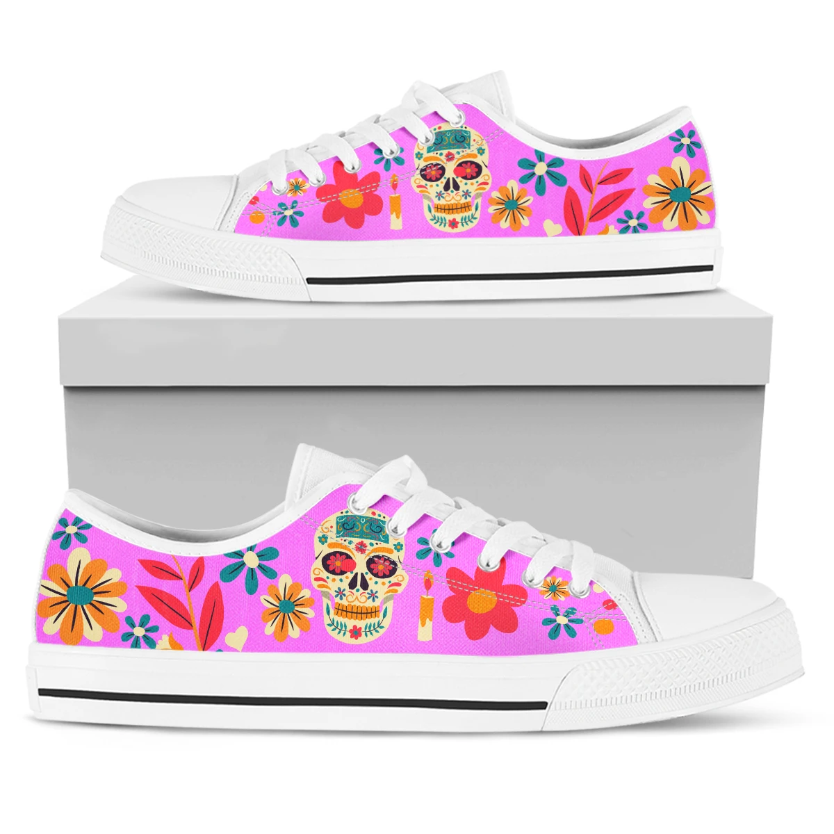 ELVISWORDS Pink Sugar Skull Design Lightweight Outdoor Shoes White Sole Low Top Women's Shoes Comfortable Flat Shoes Zapatos