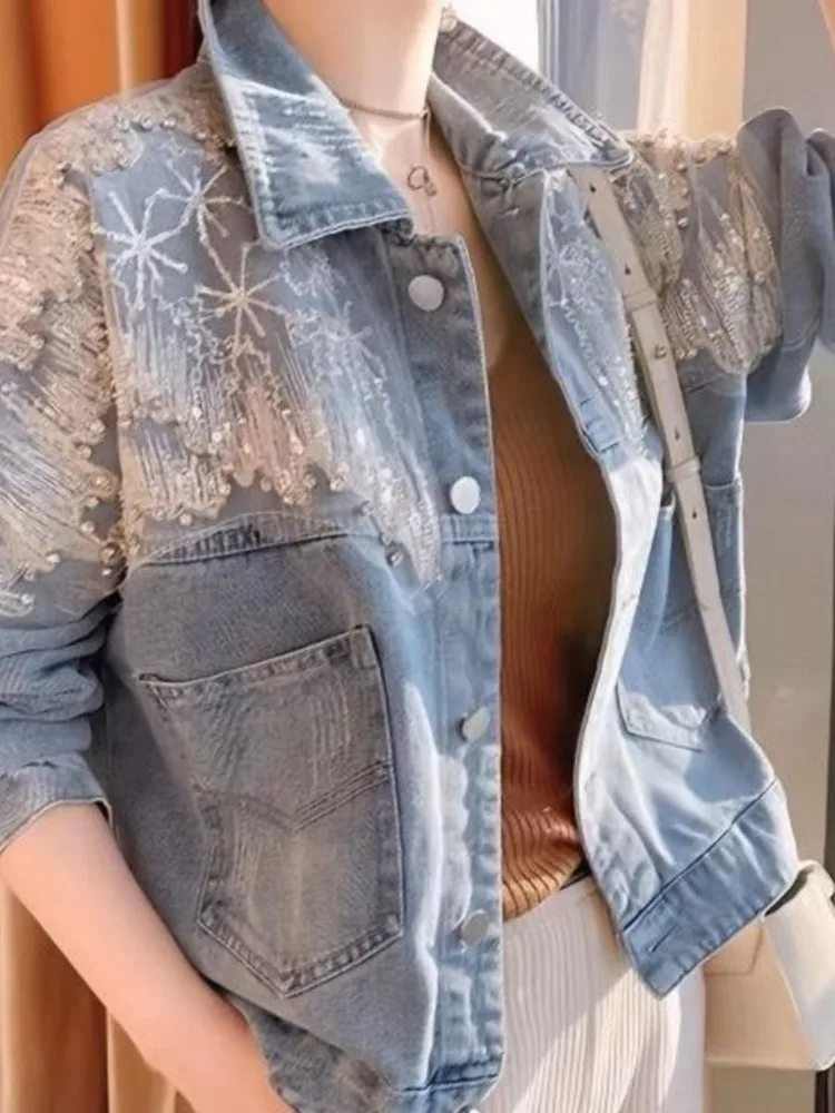Europe America Vintage Blue Denim Jackets Embroidery Lace Patch Sequin Cowboy Coat Loose Turn-down Collar Temperament Casual Y2K