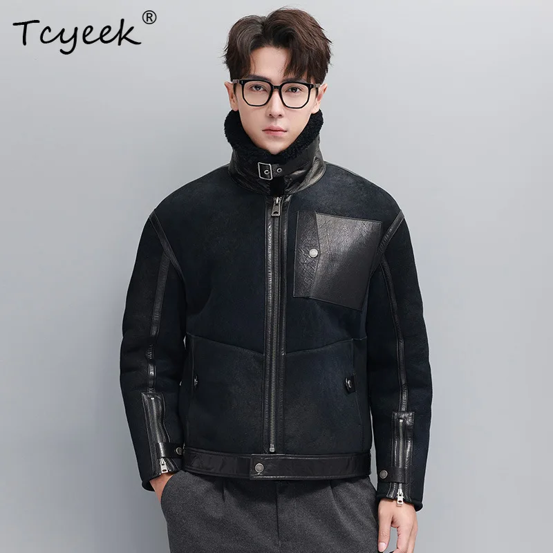 Tcyeek Natural Sheep Fur Coat Men Fashion Genuine Leather Motocycle Jacket Winter Clothes Lamb Wool Real Fur Coats Male Trendy
