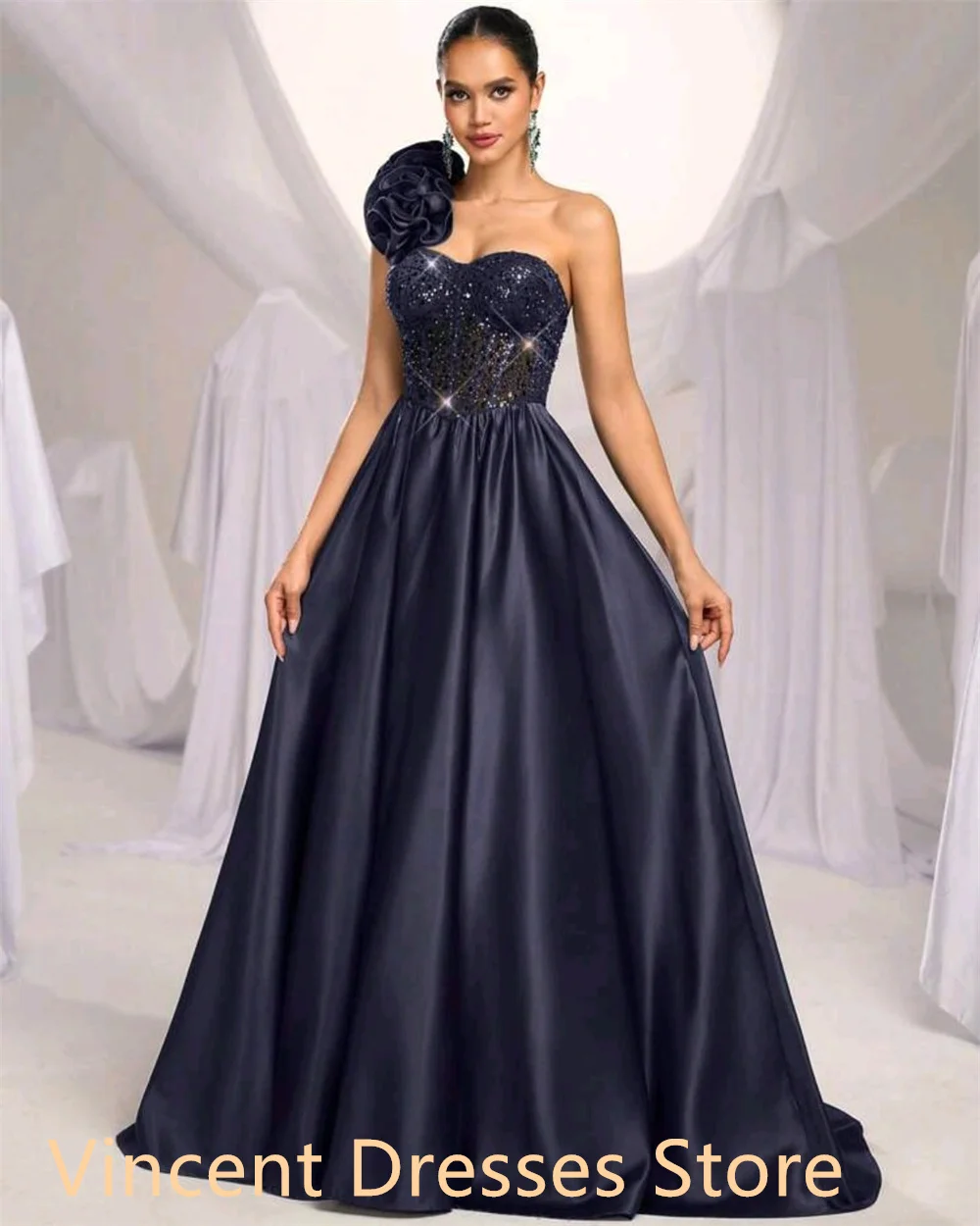 Aangepast temperament puur satijn Celebrity-jurken Elegant / sierlijk strapless kapmouw bloemen Lace Up Robe de soirée