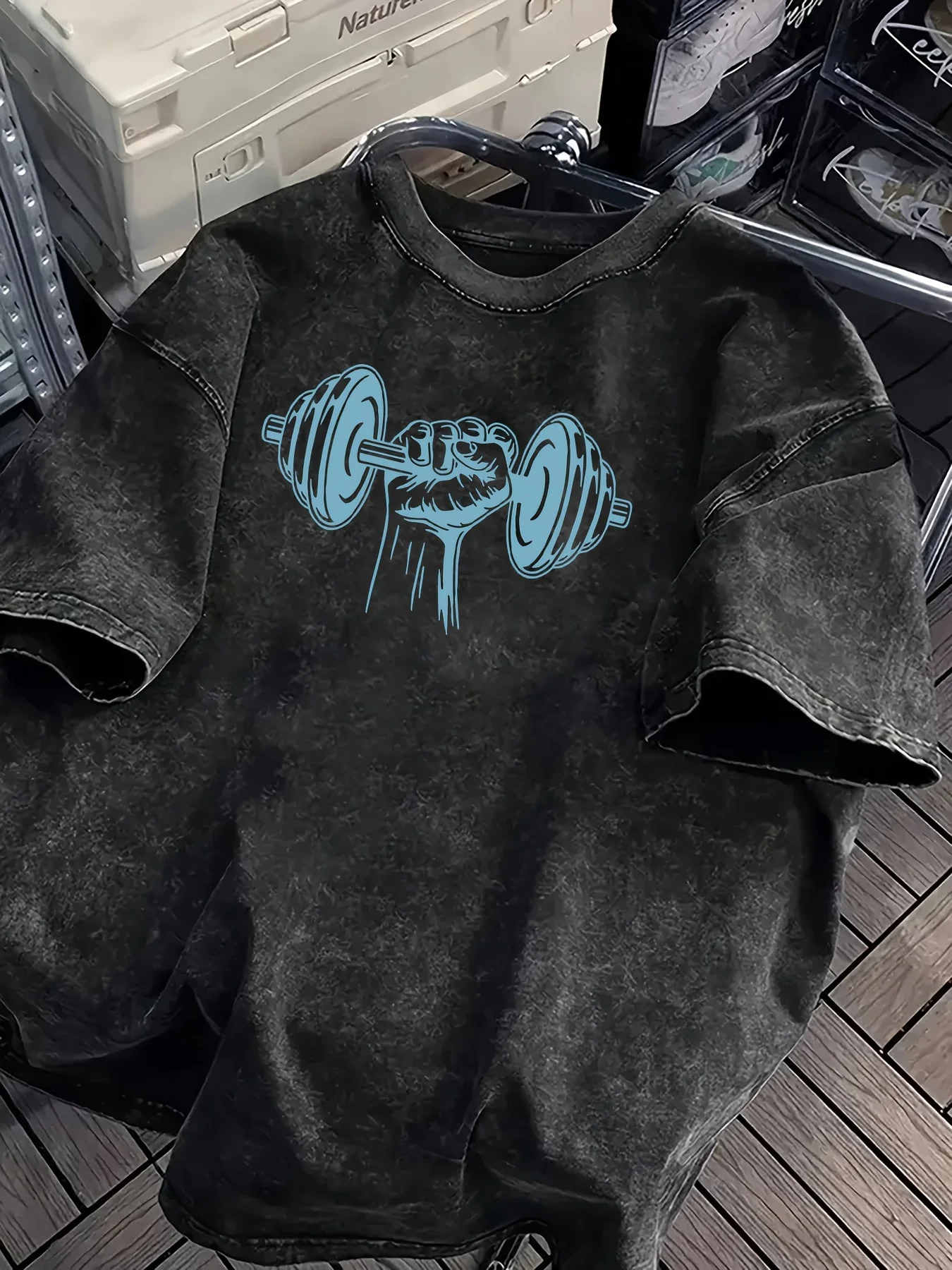 Vintage Acid Wash Gym Hand Lifting Barbell Graphic T-Shirt Oversized Streetwear Cotton Tops for Men Women Graphic T Shirts