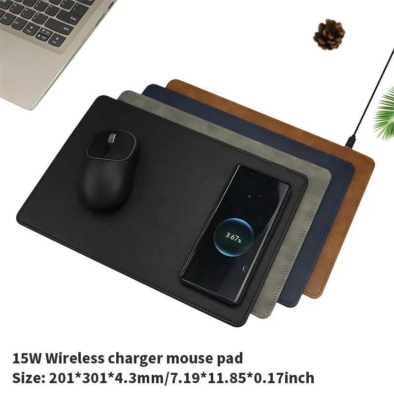 15W QI Wireless Fast Charging With Non-slip Waterproof Mat PAD For Smart Phone Type C USB Office PU Leather Mouse Pad Charger