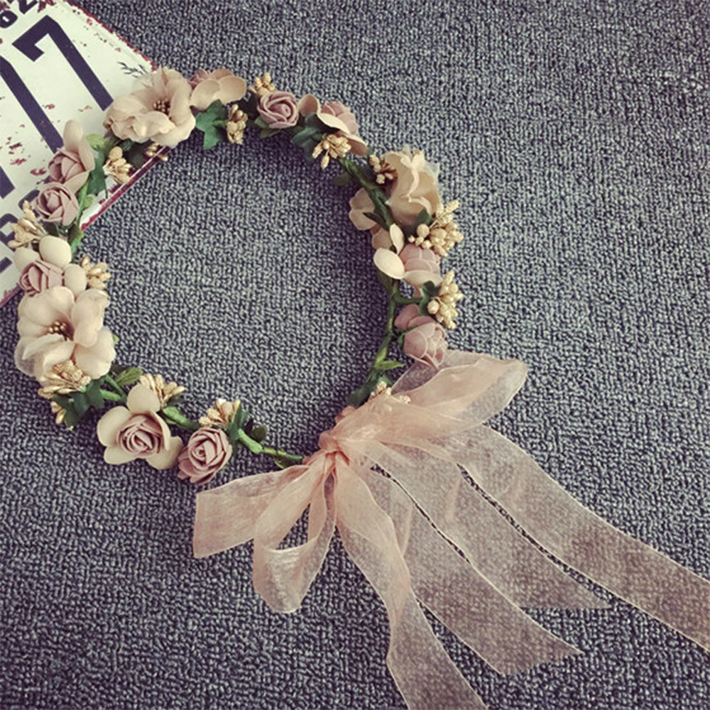 Corona de flores para novia, con cinta guirnalda, corona de comunión, diadema hecha a mano, Tiaras de hadas, accesorios para el cabello de boda