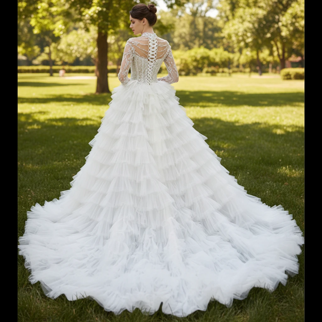 Rosymae High Neck Puffy Ball Gown Wedding Dress with Long Sleeves Elegant Bridal Gown vestidos de novia boda civil