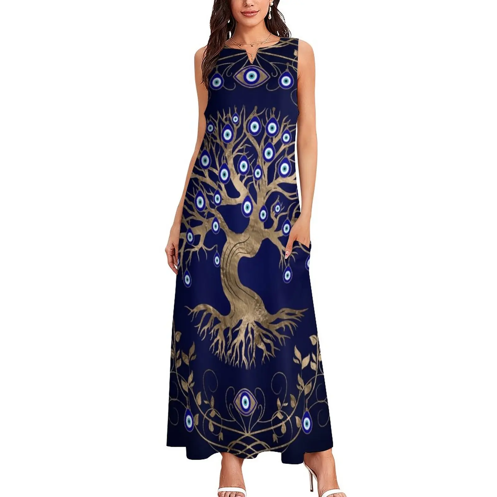 Evil Eye Dress Greek Amulet Elegant Maxi Dress V Neck Graphic Boho Beach Long Dresses Street Fashion Oversized Clothes 4XL 5XL