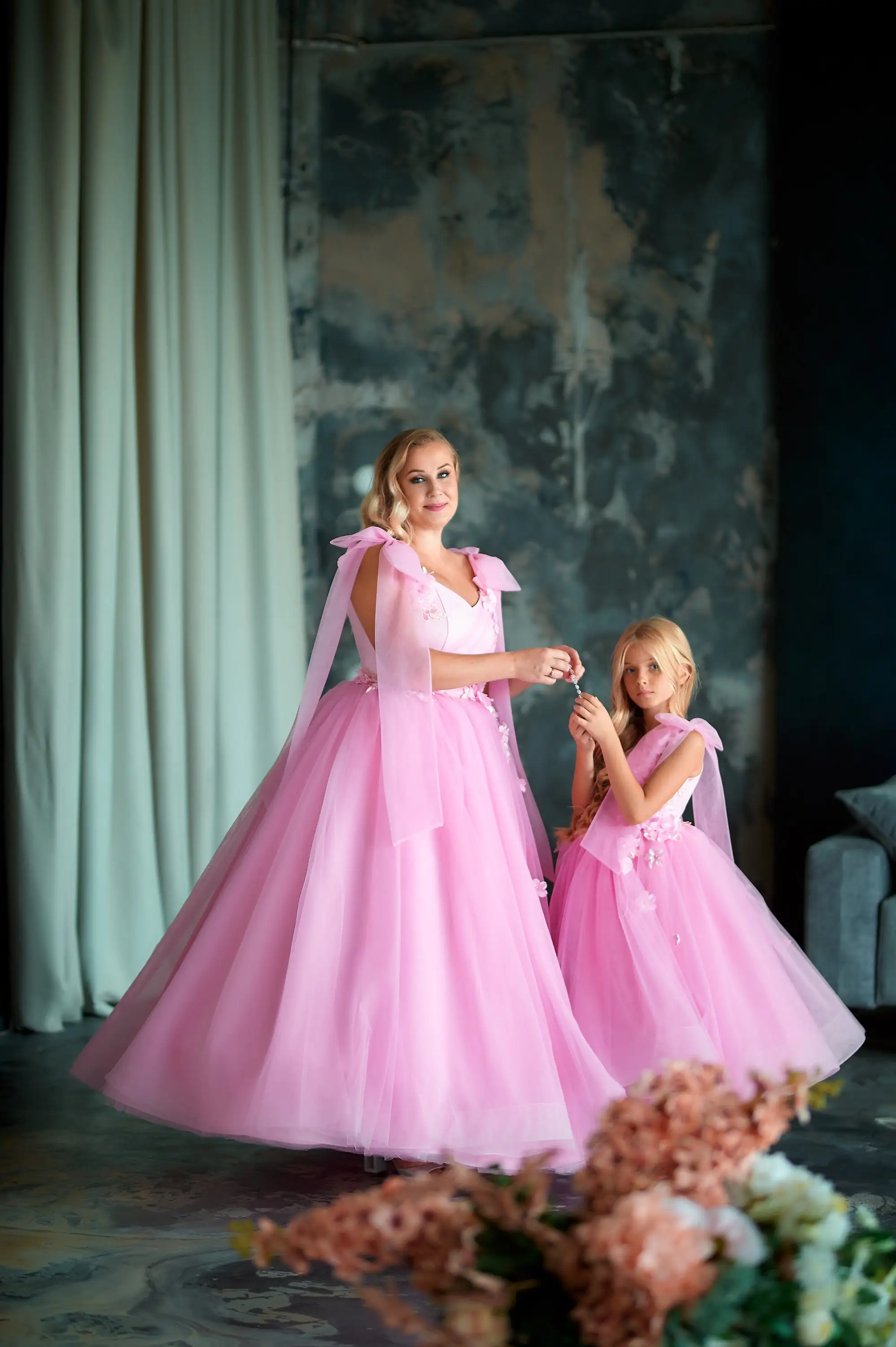 Pink Tulle Applique Mother Daughter Matching Dresses Flower Girl Dress For Wedding Kids Birthday Party First Communion Gowns