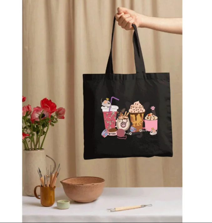 

Cat and Coffee Collage Tote Bag Versatile Minimalist Canvas Shoulder Bag for Men Women Casual Reusable Shopping Handbag Simple