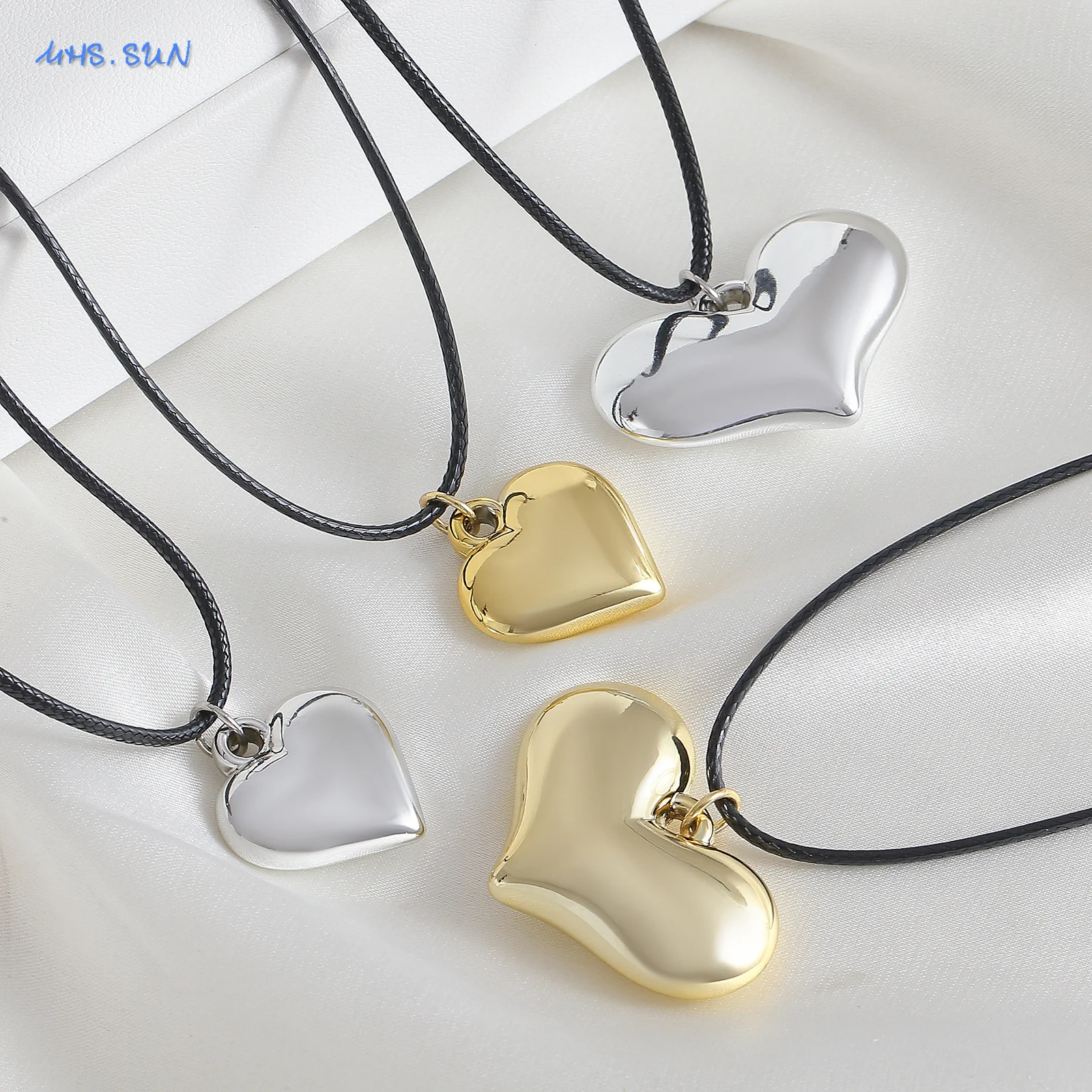 MHS.SUN Trendy CCB Love Heart Pendant Necklace for Women High Quality Black Leather Rope Adjustable Chain Necklaces Party Gifts