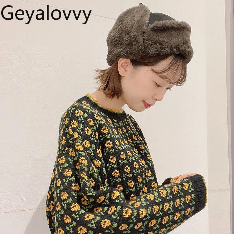 

Pullover Sweater for Women Japanese Style Sweet Floral Jacquard Round Neck Versatile Long Sleeve Girl Sweaters Knitted Top