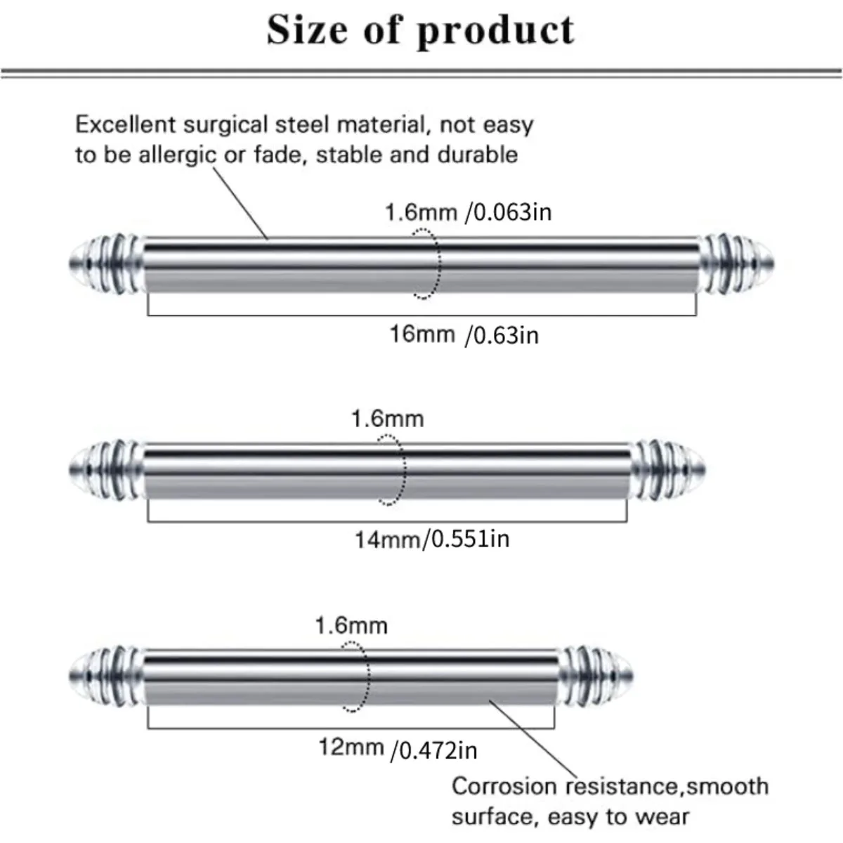 36pcs Tongue Bars 14G 12-18Mm Straight Barbell Stainless Steel Tongue Body Ring Piercing Jewelery with Replaceball Women Men