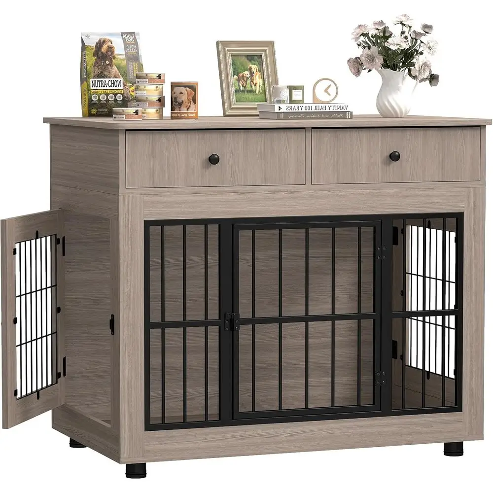 

Heavy-Duty Wooden Dog Crate End Table - Decorative Pet House for Indoor Use, Suitable for Small to Large Dogs, Oak Grey