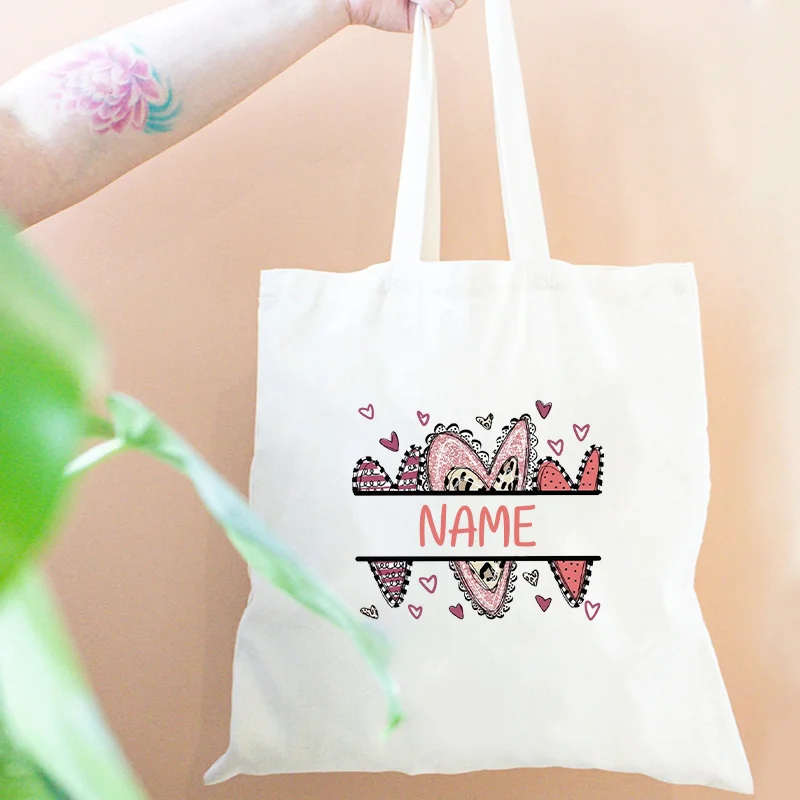 Sacolas de lona com nome personalizado para casal dos namorados, design de coração personalizado para amantes, presentes especiais para namorada, sacola de compras