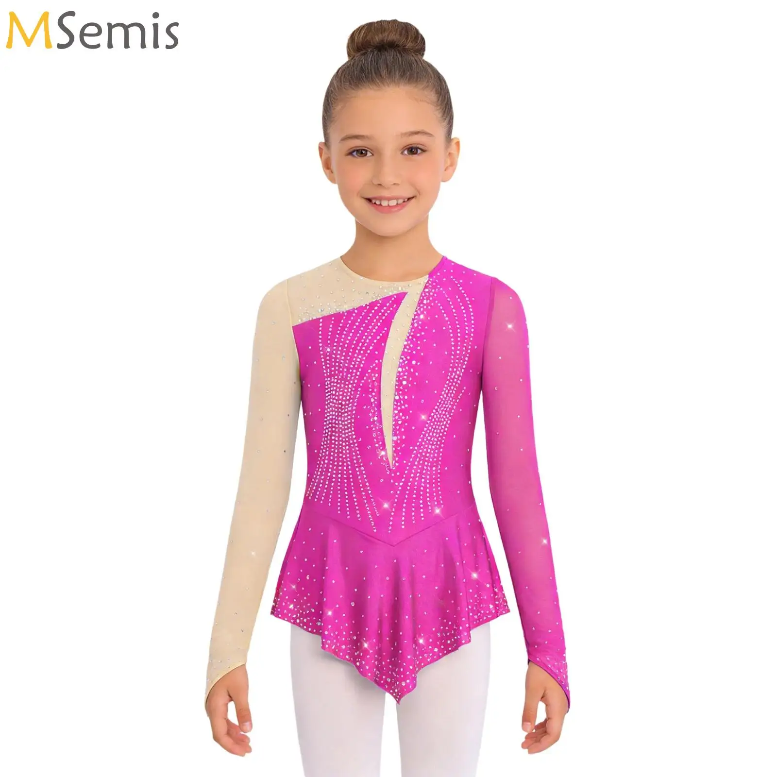 

Платье для фигурного катания для девочек, с длинными рукавами и отверстиями для пальцев, балетное туту, танцевальное платье, гимнастический купальник, костюм для выступлений