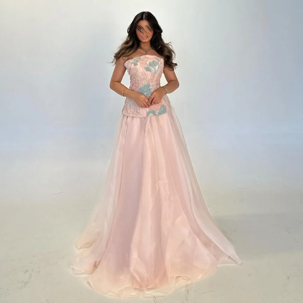

High Quality Customized Strapless Floor Length Appliques Sleeveless Backless Pink Tulle Beaded Vestidos De Gala Party Dresses