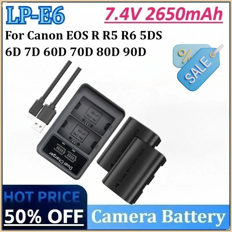 

New 7.4V 2650mAh 19.6Wh LP-E6NH LP E6NH LP E6 LP-E6N Camera Battery with Charger for Canon EOS R R5 5DS 6D 7D R6 60D 70D 90D 80D