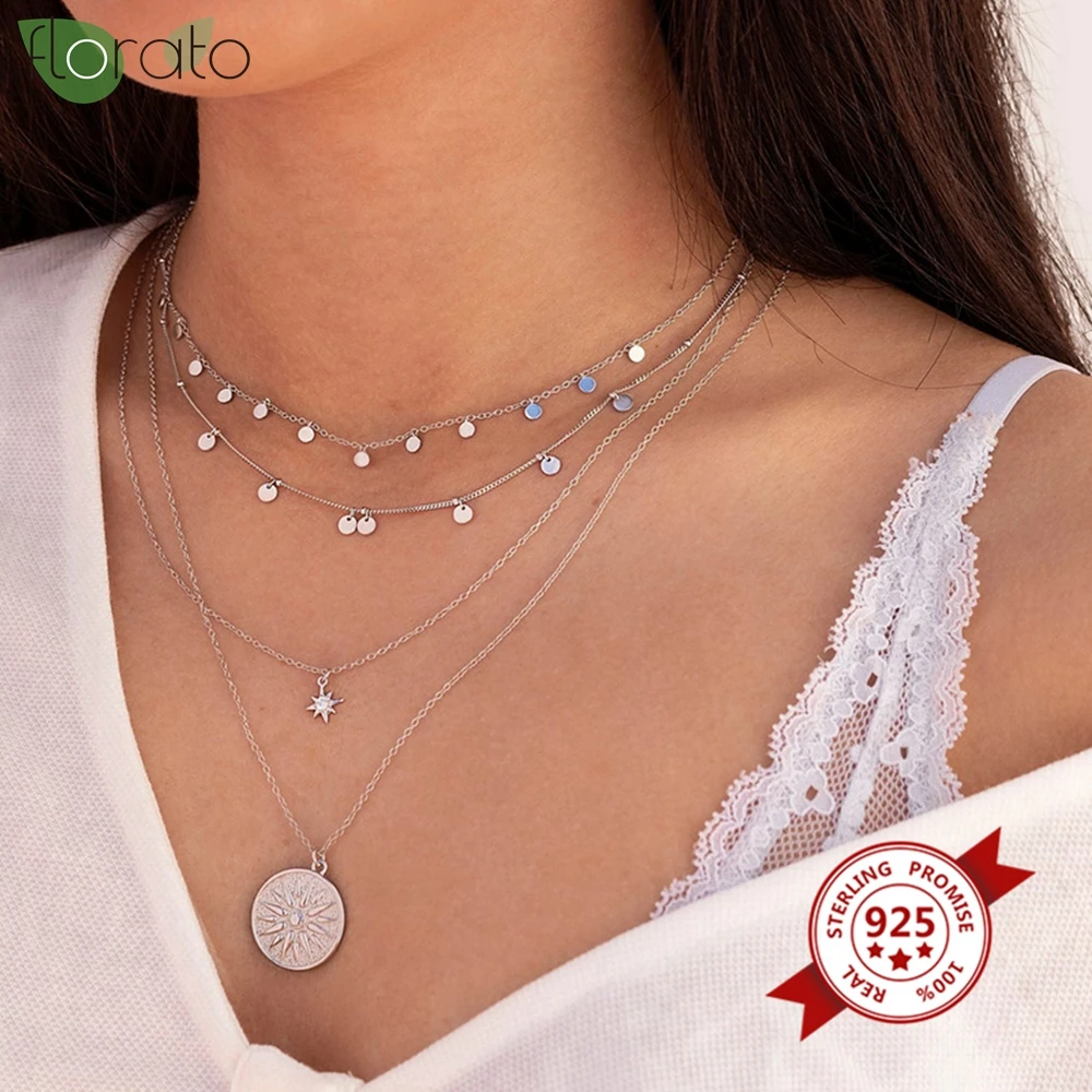 925 Sterling Silver Necklace Fashion Gold Coin Tassel Necklace for Women Charming Pendant Chain Choker Bijoux Collar Jewelry