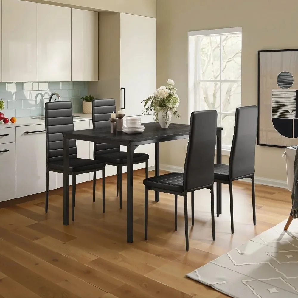 

5-Piece Dining Table Set, Cultured Marble Top and 4 Upholstered Chairs, Bar and Breakfast Nook, Black