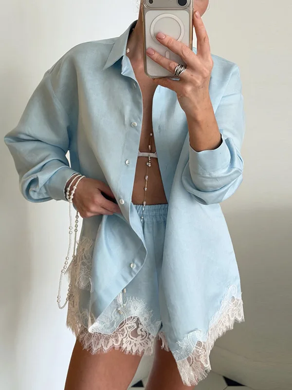 

Elegant Long SV Shirt High Waist Shorts Set Summer Fashion Women's Outfit Loose Stripe Print High Waist Polyester Long Sleeve