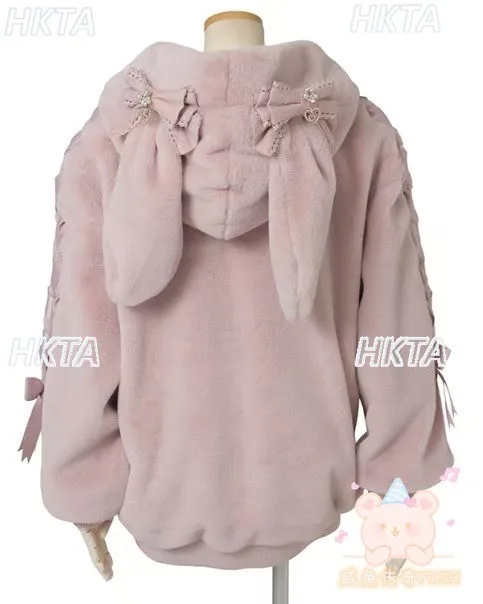 2025 شتاء جديد ليز الكرتون الأرنب الأذن التعادل الإنتاج الضخم معطف الفرو الحلو الوردي لوليتا أفخم معطف سستة سميكة معطف دافئ الإناث