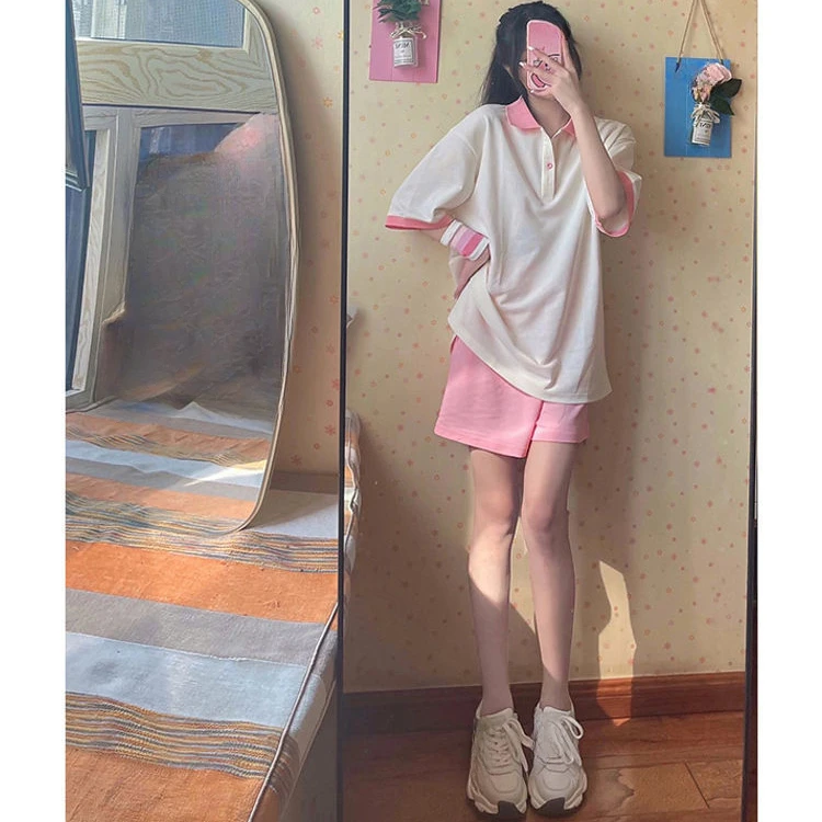 Academic style Casual sports suit for women summer Korean style fashionable loose short-sleeved pink shorts two-piece set female