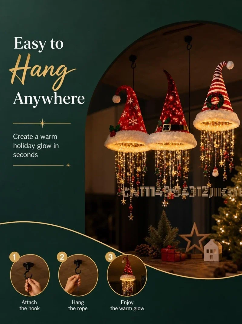 Lighted Santa Hat Hanging Chandelier, Indoor Outdoor Christmas Decor,Warm LED Christmas String Light with Festive Tassels