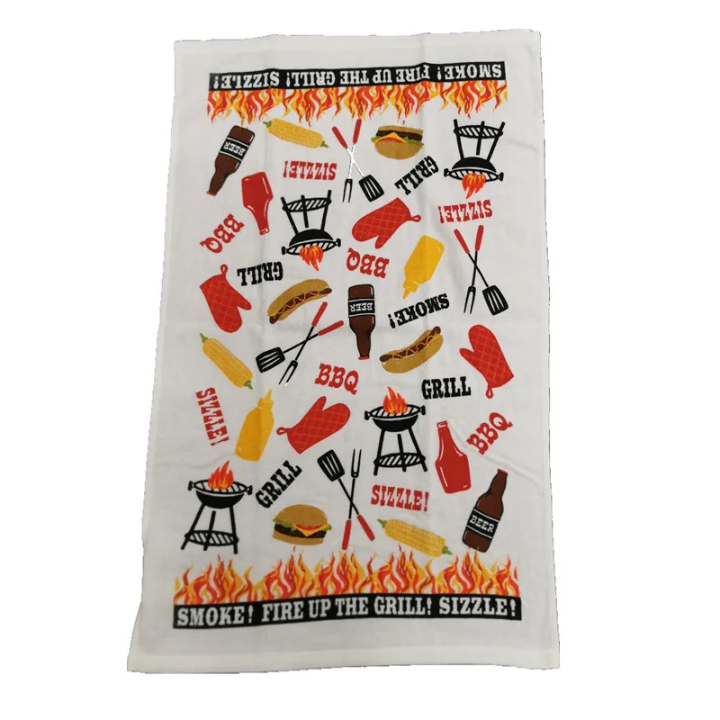 1Pc 41x66cm Thicken Cotton Absorbent White Barbecue BBQ Baking Cut Velvet Printed Kitchen Tea Towel