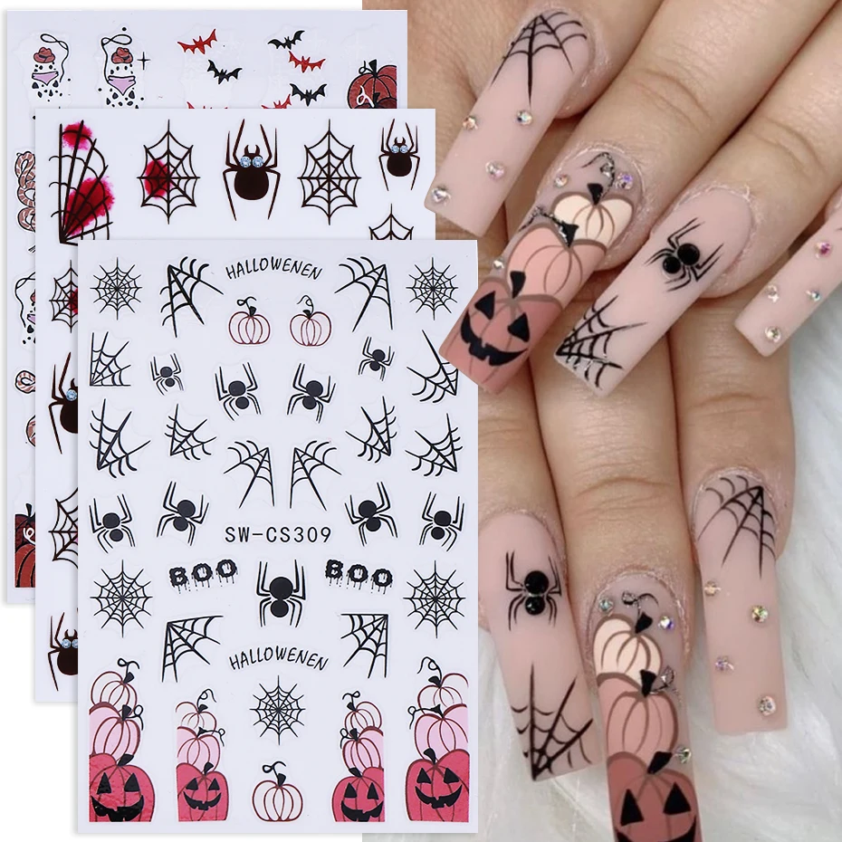 3 pçs halloween aranha web adesivos de unhas 3d auto adesivo dos desenhos animados fantasma aranha morcego abóbora decalques de unhas diy manicure decoração