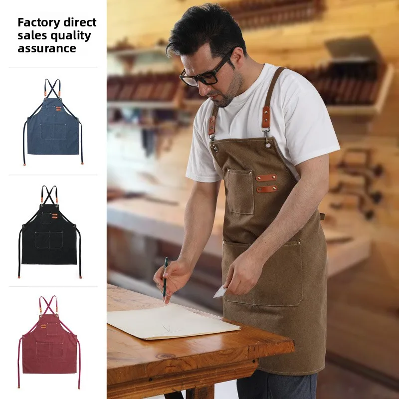 Thick Waterproof Canvas Work Apron Gardening Coffee Hair Salon Commercial Use