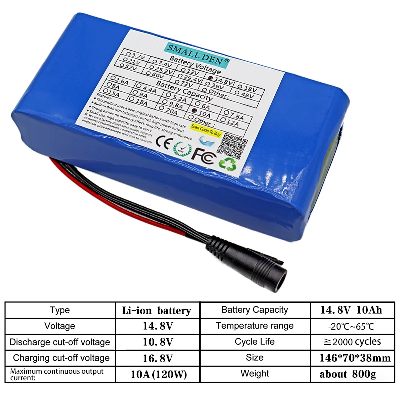 4S4P 14.8V 10Ah 18650 lithium battery pack Built-in 10A BMS, night fishing lights, speakers, radios，14V battery+16.8V 2A charger