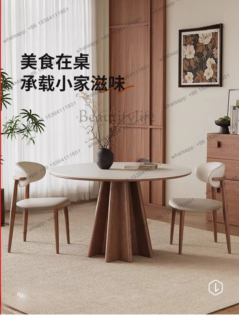 Medieval rock slab dining table, modern simple matte pure white full support solid wood round table