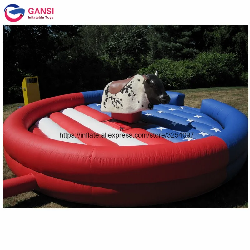 Crazy Game Inflatable Bull Riding Machine With Bounce Mat,5X5m Inflatable Mechanical Bull Mattress For Sale