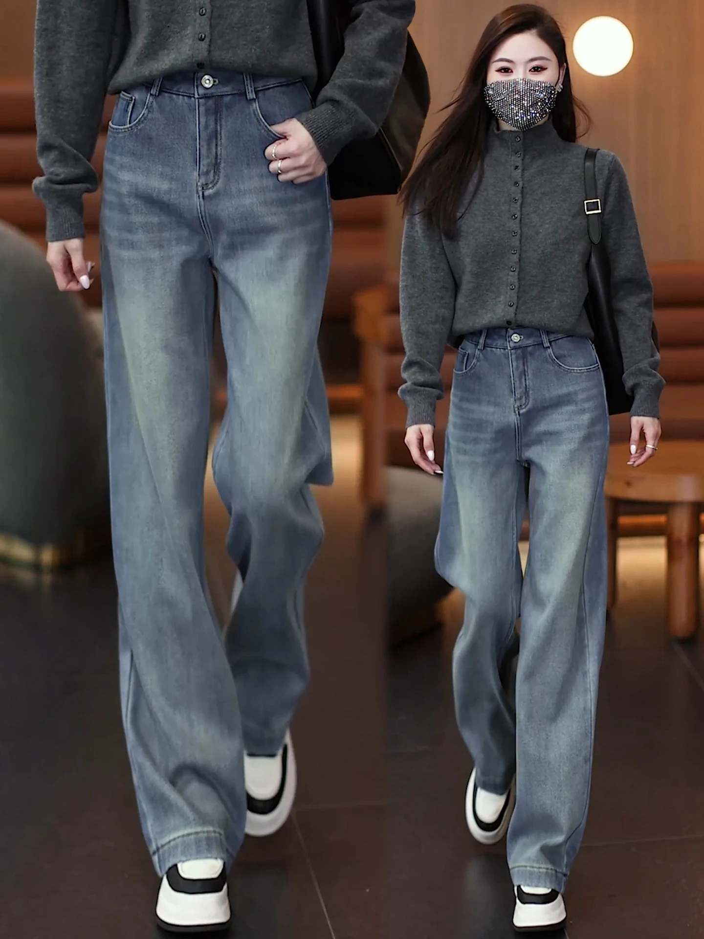 

Утепленные флисовые джинсы с широкими штанинами для женщин, осенне-зимние, с высокой талией, свободные, стройнящие, повседневные, прямые брюки из хлопкового денима