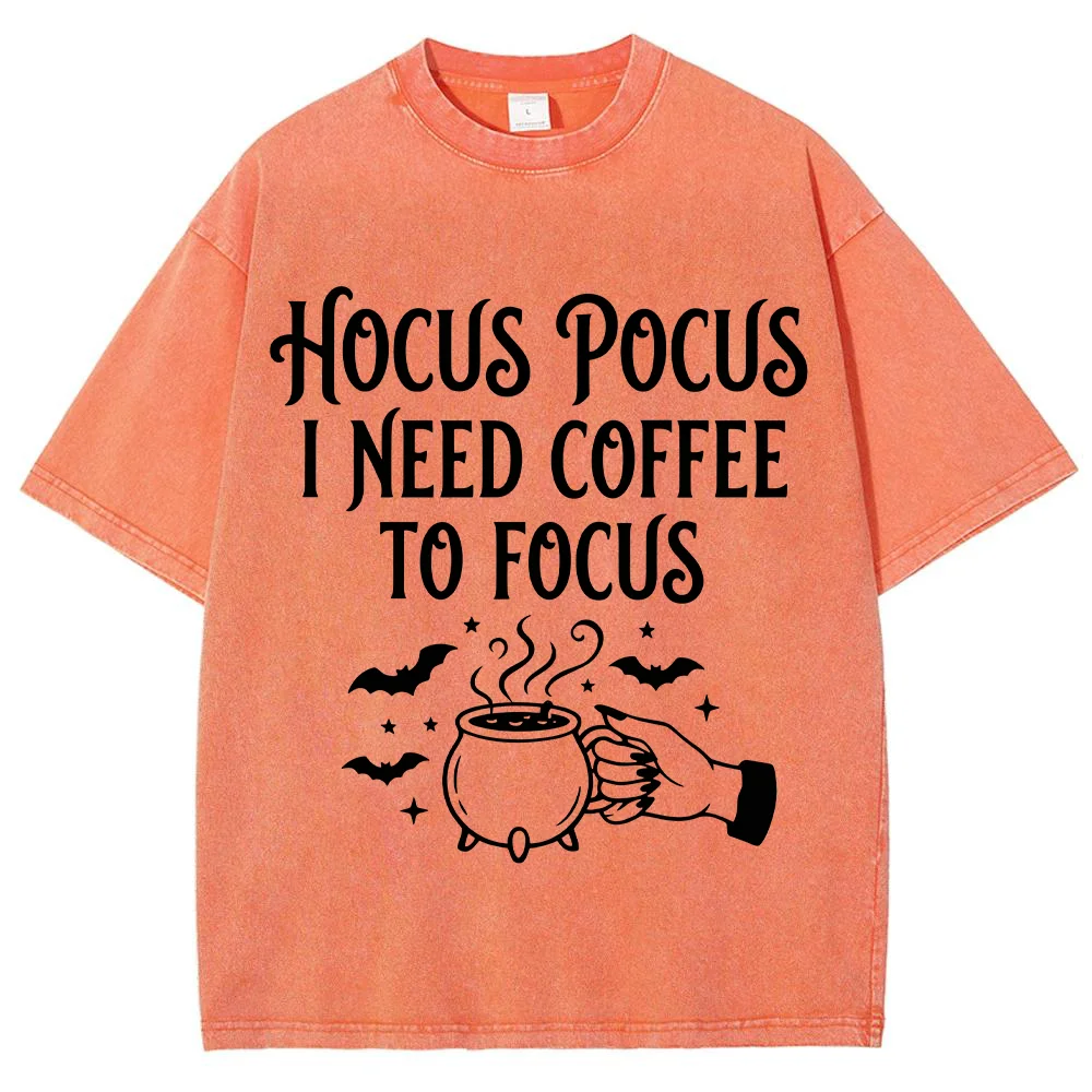 Women Hocus Pocus I Need Coffee To Focus T Shirt Beige Halloween Witch Cauldron Print Funny Quote Tee Casual Summer Top