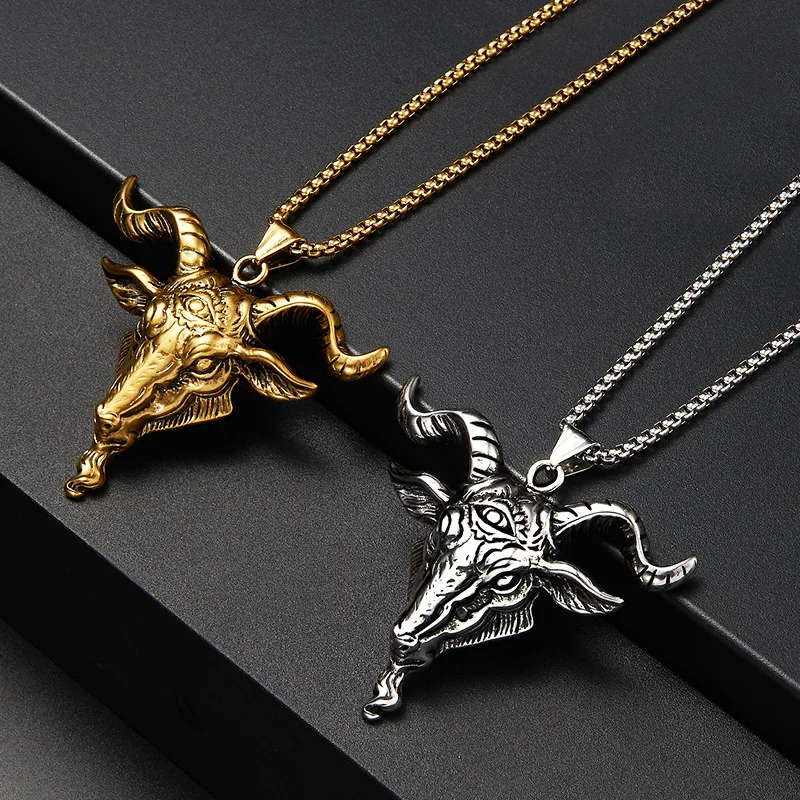 Vintage Domineering Gothic Stainless Steel Goat Head Skull Pendant Necklaces for Men Boys Personality Amulet Animal Jewelry Gift