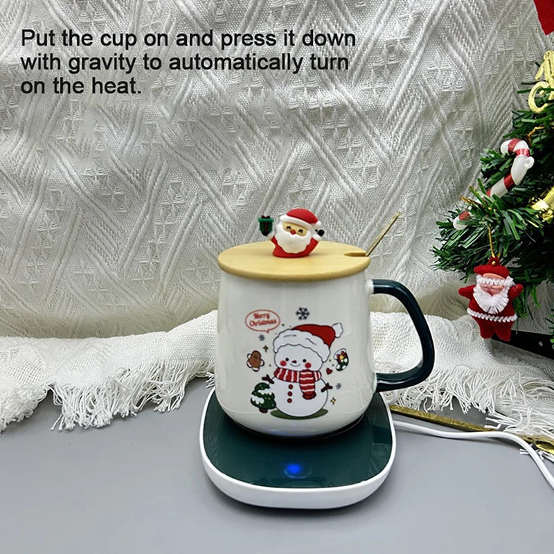 Caneca de cerâmica caixa de presente caneca copo de natal com tampa e colher conjunto base de aquecimento usb caneca de chá de café presente de natal de ano novo