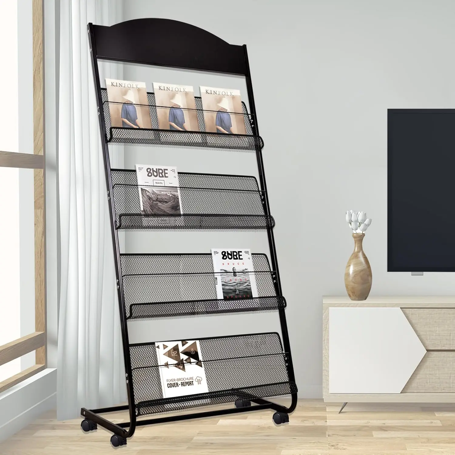 

Floor-Standing Magazine Rack, 4-Layer Brochure Display Stand Tiered Design Magazine Stand Detachable Magazine Display wi