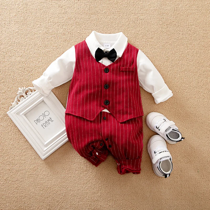 Newborn Boy CasualAndComfortable Contrasting Color Patchwork Fake Vest Red Gentleman Spring And Autumn LongSleeved Baby Jumpsuit