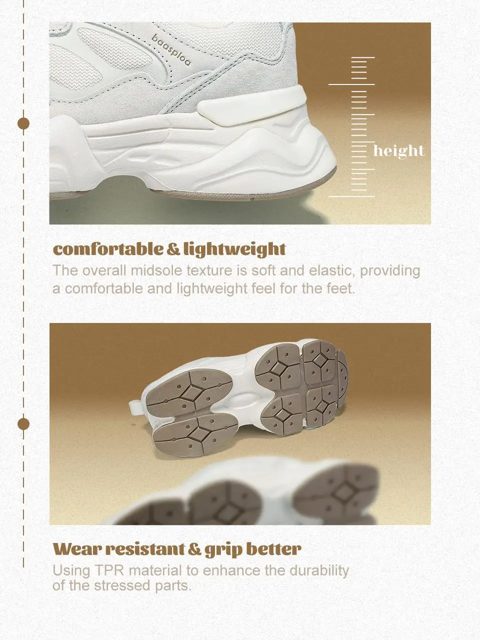 Baasploa Damen-Walking-Sneaker, Winter-Komfort-Lederschuhe, modische, einfarbige Sportschuhe mit erhöhter Sohle für Damen – Detail 7